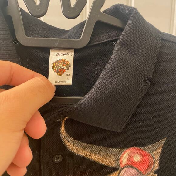 Y2K Ed Hardy Christain Audiger Distressed Black Print Polo Shirt Size Large - Picture 5 of 6